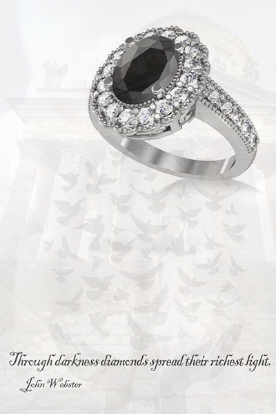 Image of Black Diamond and Diamond Oval Halo Engagement Ring 14k White Gold (2.78ct) by Allurez priced at $8850.00 (subject to change), on a custom image of product available from Allurez.