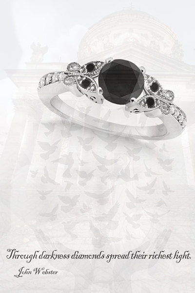  Image of Butterfly White and Black Diamond Engagement Ring 14K White Gold 0.67ct by Allurez priced at $1360.00 (subject to change), on a custom image of product available from Allurez.