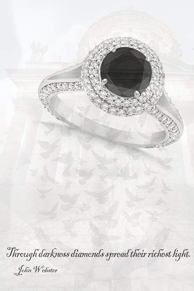Image of Halo Black Diamond and Diamond Engagement Ring 14k White Gold (2.00ct) by Allurez priced at $5341.00 (subject to change), on a custom image of product available from Allurez. Cushion Cut Black Diamond Solitaire Engage