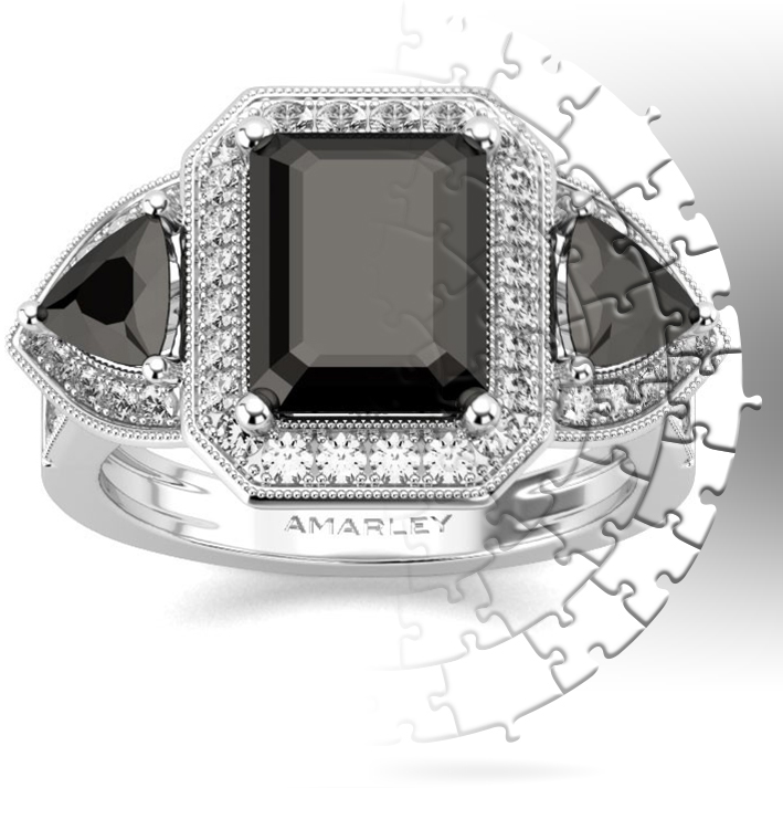 Amarley Black Range - 3 Stone Sterling Silver 3.0 CT. Emerald Cut Black CZ Cubic Zirconia Halo Ring