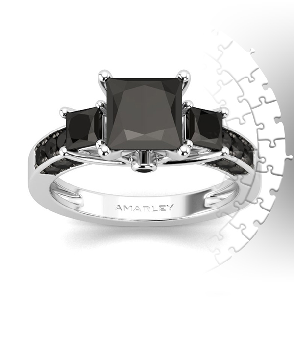 Amarley Black Range - Amazing Sterling Silver 1.5 CT. Princess Cut Black CZ Cubic Zirconia 3 Stone Ring
