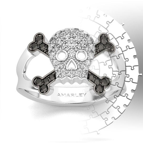 Amarley Black Range - Cool Sterling Silver Round Cut White And Black CZ Cubic Zirconia Skull Cocktail Ring