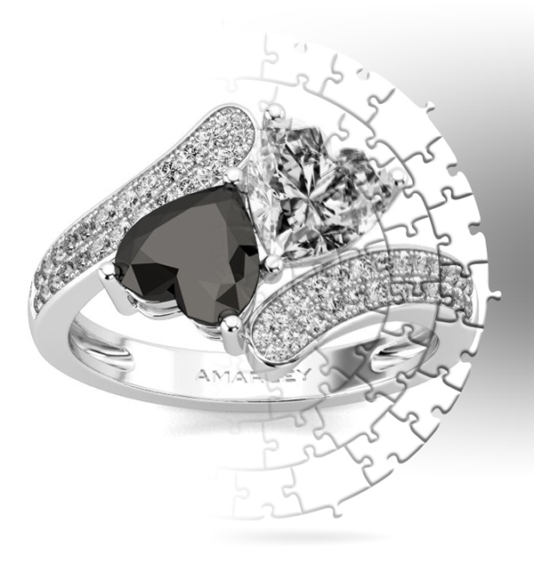 Amarley Black Range - Eternal Love Sterling Silver 1.5 CT. Heart Cut Black & White CZ Cubic Zirconia 2 Stone Ring