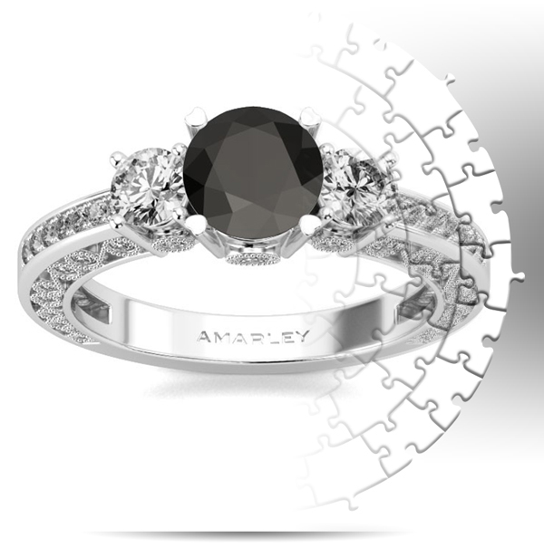 Amarley Black Range - Luxurious Sterling Silver 1.25 CT. Round Cut Black CZ Cubic Zirconia 3 Stone Ring