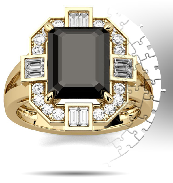 Amarley Black Range - Vintage Yellow Gold 4 CT Baguette Cut Black CZ Engagement Ring