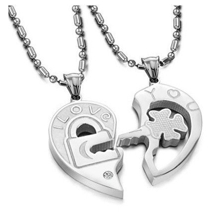 His & Hers Matching Set Open Your Heart Couple Titanium Stainless Steel Pendant Necklace Simple Korean Love Style in a Gift Box (One Pair)