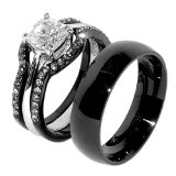 His & Hers 4 PCS Black IP Stainless Steel Wedding Ring Set/Mens Matching Band