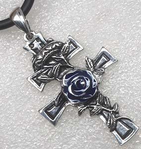 Patriarchal Cross of Lorraine Pewter Pendant W Choker Necklace BLUE FLOWER