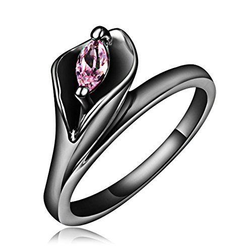 Ladies Lily Flowers With Pink Crystal Rings,Gold-Plated Gun Stainless Steel Women Promise Rings