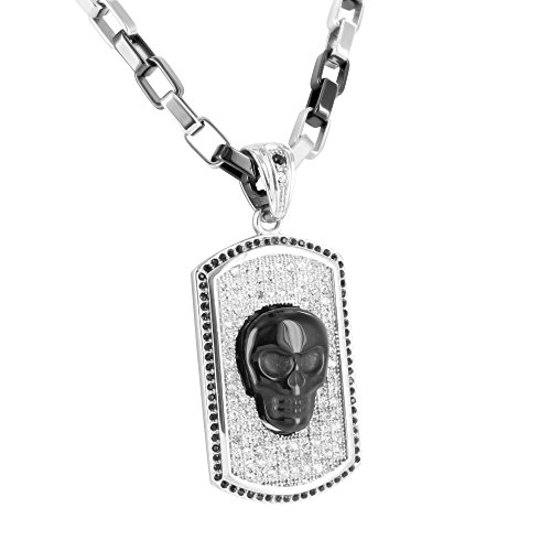 Skull Dog Tag Pendant White Black Gold Finish Stainless Steel Lab Diamond Chain