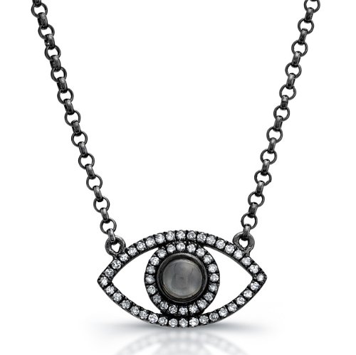 Sterling Silver Diamond and Moonstone Evil Eye Necklace micro prong set with fifty-seven sparkling white diamonds 0.34cts. This unique evil eye diamond necklace is finished with black rhodium for a vintage appeal.